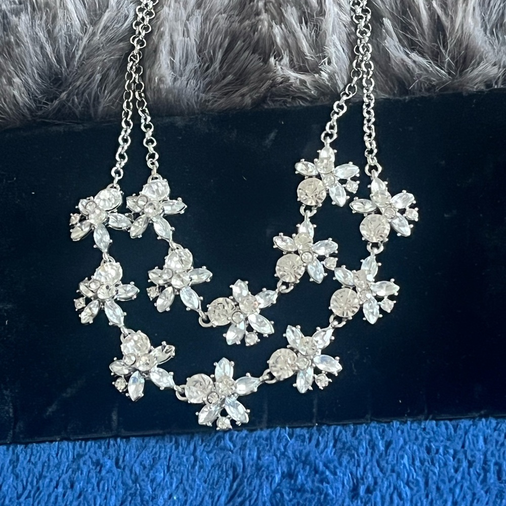 Crystal Floral Statement Necklace - Silver Tone